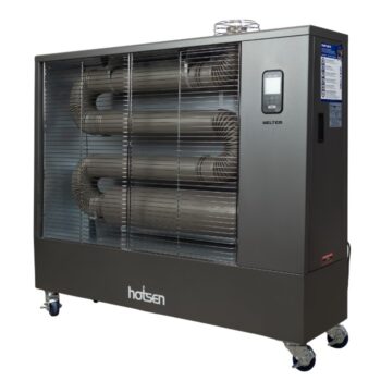 Mobiele diesel infrarood heater WELTEM WHO-135 in driekwart aanzicht, op zwenkwielen met rem