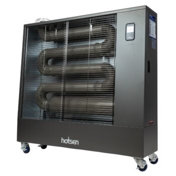 Mobiele diesel infrarood heater WELTEM WHO-175 in driekwart aanzicht met instructiesticker en zwenkwielen