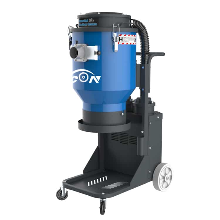 BYCON Industriële cycloonstofzuiger AVC-2000P zuigt betonstof af op een bouwplaats