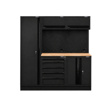 Pillar modulaire werkplaatsinrichting met hoge kast en hardhouten werkblad
