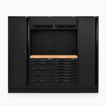 Pillar modulaire werkplaatsinrichting met 2 hoge kasten en hardhouten werkblad