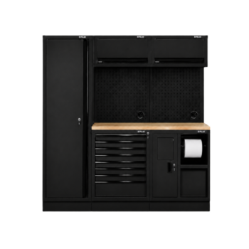 Pillar modulaire werkplaatsinrichting met hoge kast en hardhouten werkblad